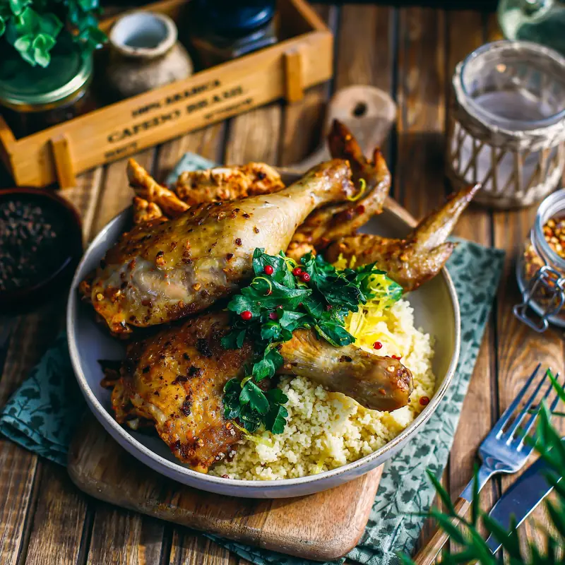 Курица пири-пири по-португальски в остром маринаде с лимонным кускусом — курс «Много птицы»